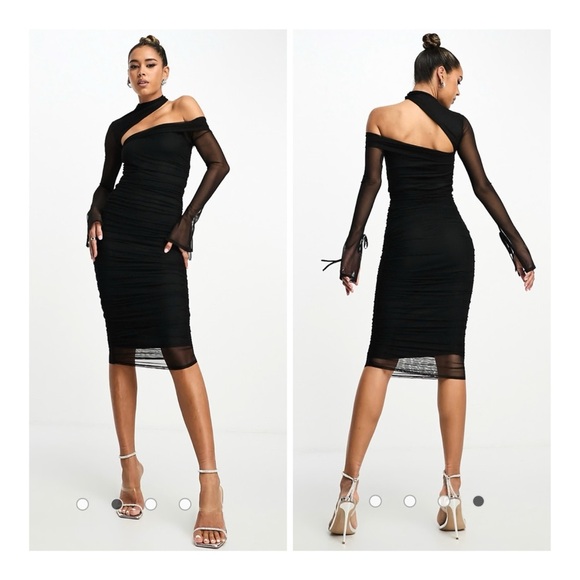 NEW ASOS DESIGN Black Asymmetric One Sleeve Mesh Ruched Midi Dress UK12/US8 - Picture 1 of 13